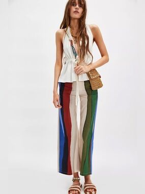 NWT THINKING MU Womens Striped wide legPant Size 36